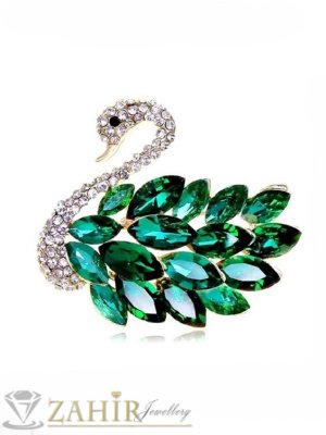 Уникално красив лебед кристална  брошка с изящни фасетирани бели и зелени кристали, размери 4 на 3,5 см, златиста основа - B1446